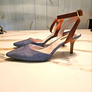 LOUISE et CIE Kitten Heels Blue Leather Ankle Strap Pointy Toe 7.5
